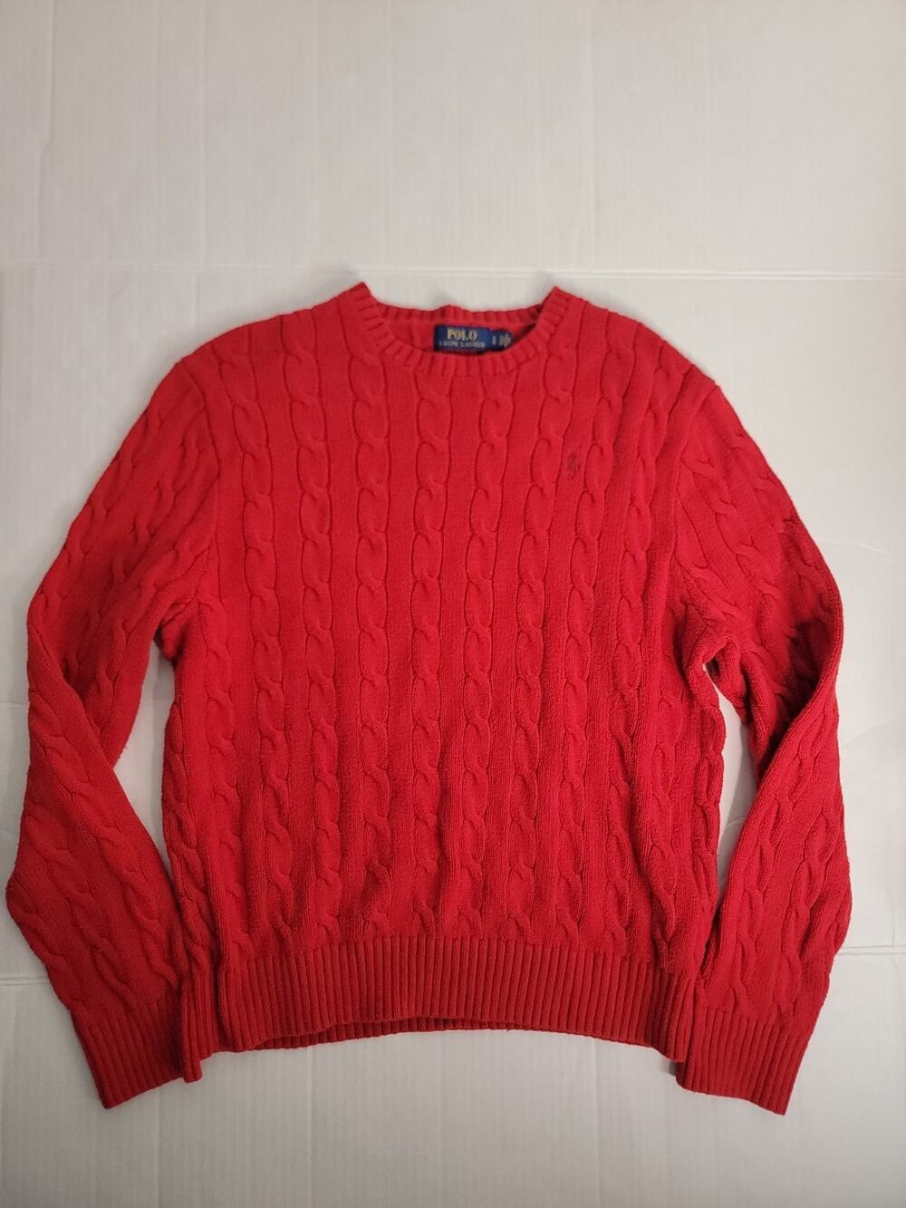 Polo Ralph Lauren Red Cable Knit Cotton Sweater Mens Sz Large Fisherman